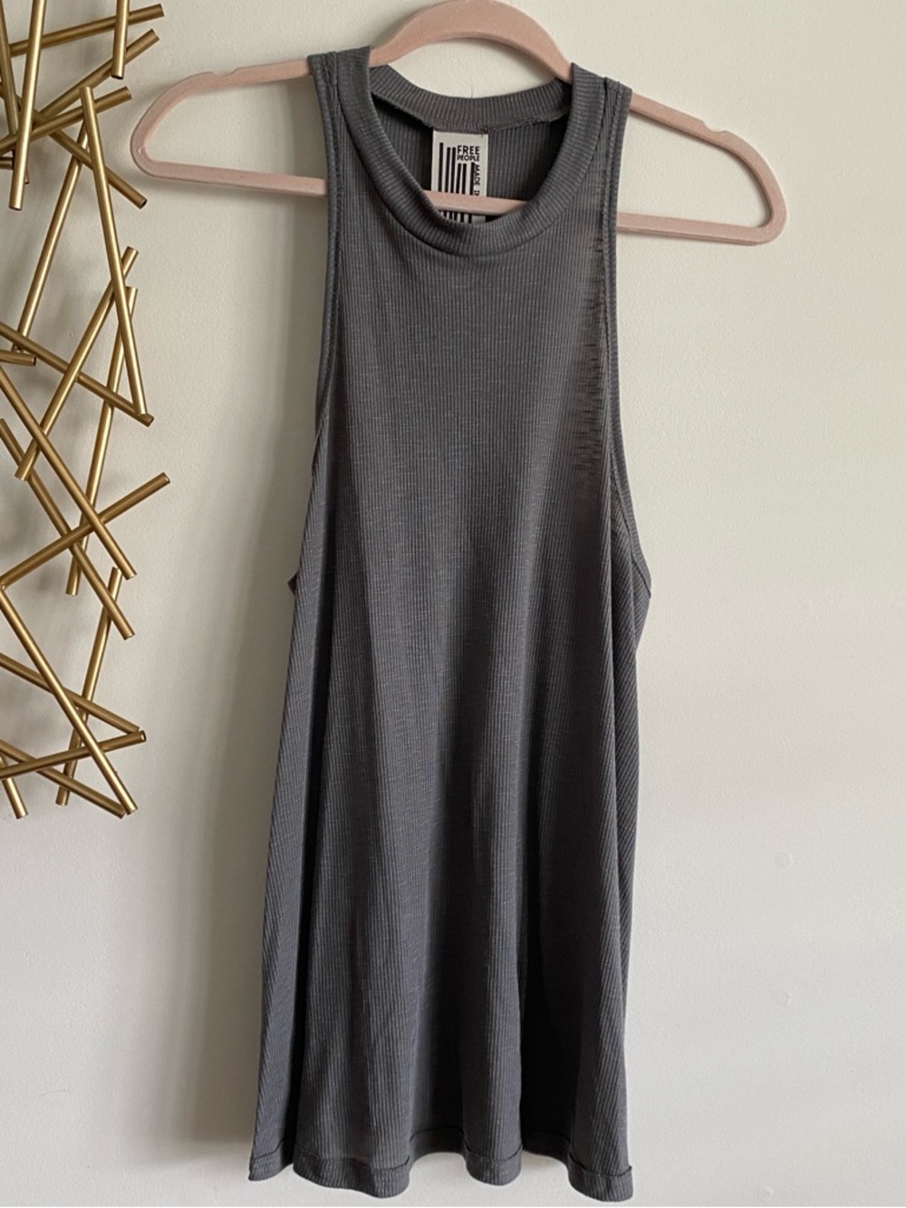 Free People Grey High Neck Ribbed Long Racerback Tank Top Tunic Dress - Size L
